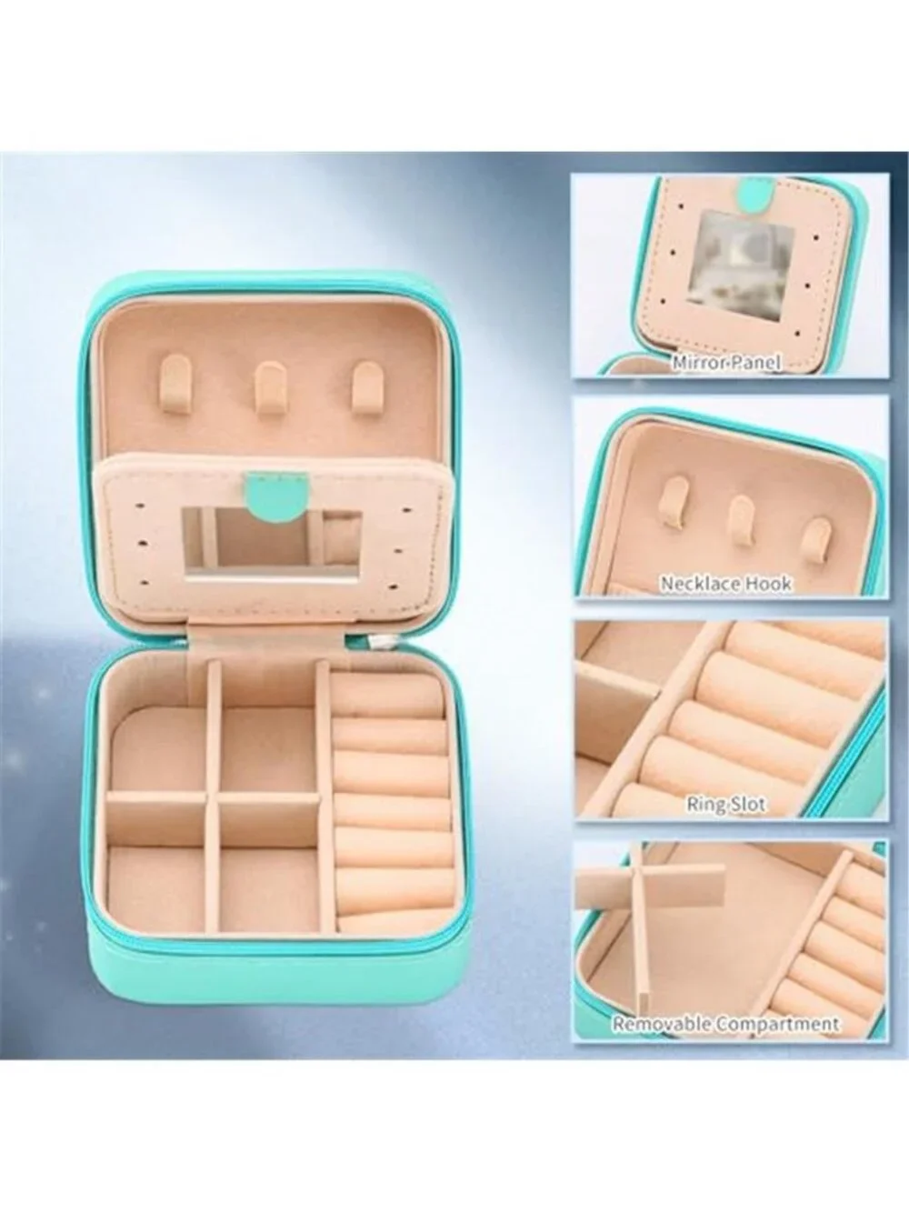 Travel Jewelry Box Organizer Case Mirror Ring Earring Necklace Storage Blue